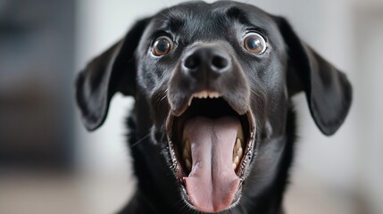 Poster - Excited black dog with mouth open as if barking in a playful manner : Generative AI