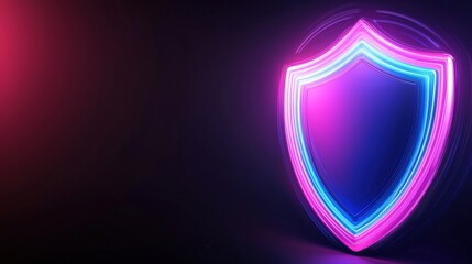 Poster - a glowing neon shield symbol against a dark background, illuminated in vibrant pink and blue hues, r
