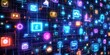 © YONG - Digital background featuring an array of social media icons and tech symbols on a digital display, representing the use of AI in marketing for showcasing products or services.