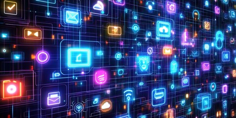 Digital background featuring an array of social media icons and tech symbols on a digital display, representing the use of AI in marketing for showcasing products or services. 
