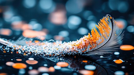 Poster - Plastic pollution idea. A vibrant feather resting on a colorful backdrop of sparkling particles.