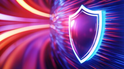 Poster - A vibrant, digital shield symbol amidst dynamic, colorful lines representing cybersecurity and protection in the digital realm.