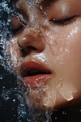 Aufkleber - Close-up of a woman's face partially submerged in water, with droplets glistening on her skin