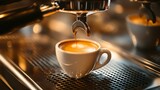 Close-up of a coffee cup being filled from a high-end espresso machine, warm tones, rich aroma