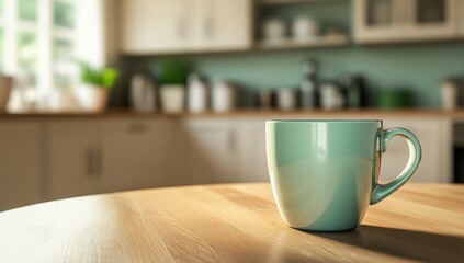 Wall Mural - Light green mug on wooden table in sunlit kitchen.