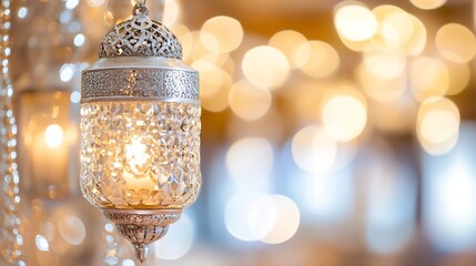 Poster - Elegant silver lantern glowing with soft light and beautiful bokeh backdrop creating a dreamy ambiance : Generative AI