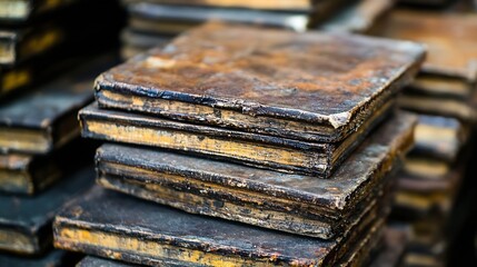 Poster - Closeup of weathered antique books stacked on each other displaying rich textures and history : Generative AI