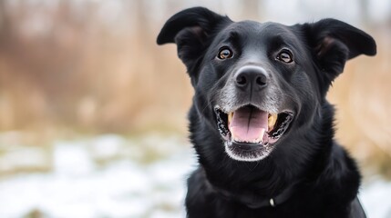 Poster - Happy black dog outdoors enjoying nature with a joyful expression capturing attention : Generative AI
