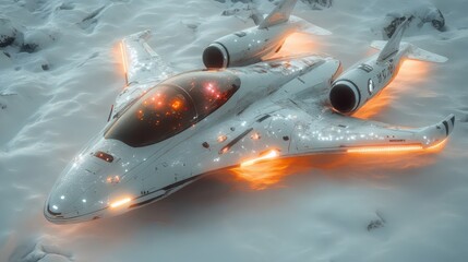 Poster - Futuristic spacecraft landing on snowy terrain with glowing engine lights, showcasing advanced technology in a serene, icy environment at twilight.