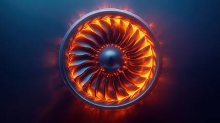 Poster - Futuristic Turbine Design with Fiery Glow in a Vivid Blue Background, Capturing the Essence of Power and Innovation in Modern Technology Imagery