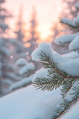 Wall Mural - snow-covered pine branch at sunset.