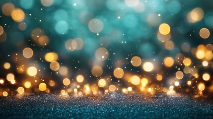 Wall Mural - Sparkling teal and gold bokeh lights on glitter surface.