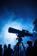 Wall Mural - silhouetted crowd observing stars through a telescope at night.