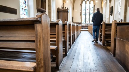 Aufkleber - Wooden Church Benches and Person Walking Inside Beautiful Historic Sanctuary : Generative AI