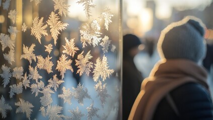 Wall Mural - frosty window pane with blurred city background and person in winter clothes.