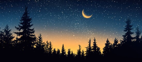 Wall Mural - night sky over a forest silhouette with crescent moon and stars.