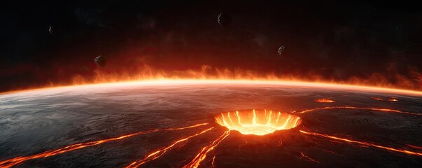 Poster - Asteroid impact concept. A dramatic view of a volcanic eruption on an alien planet with fiery lava flows.