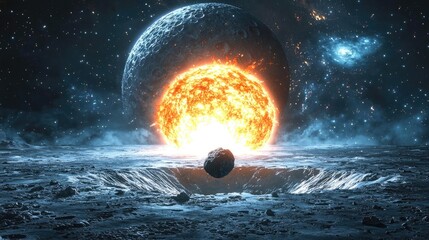 Poster - Asteroid impact idea. A stunning cosmic scene featuring planets and a fiery sun in a starry space.