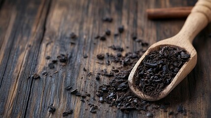 Poster - Finely ground coffee beans in wooden scoop resting on rustic wooden table surface : Generative AI
