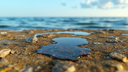 Poster - Plastic pollution concept. A close-up of water pooling on a sandy shore, reflecting the serene ocean environment.