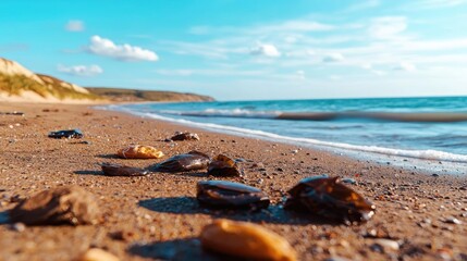 Poster - Plastic pollution concept. Serene beach with shells and pebbles under a bright blue sky and gentle waves.
