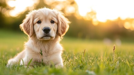 Aufkleber - Adorable Golden Retriever Puppy Relaxing on the Grass During Sunset : Generative AI