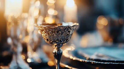 Poster - Elegant silver chalice on a beautifully set golden dinner table radiating warm candlelight : Generative AI