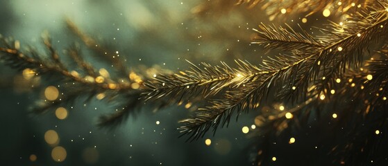 Wall Mural - Golden pine branch with bokeh lights and dust particles, creating a magical, festive atmosphere.