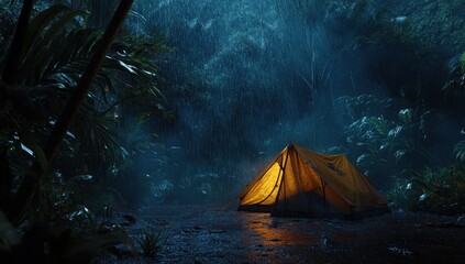 Sticker - Illuminated tent in a tropical rainforest during a heavy downpour at night.