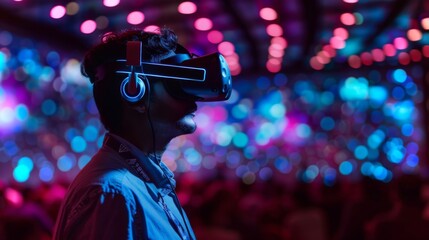 Poster - A participant explores a virtual reality headset at a bustling technology event, surrounded by colorful lights and an enthusiastic crowd enjoying the innovative displays.