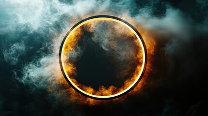 Poster - Glowing Circular Frame Surrounded by Smoke and Flames in Dark Setting