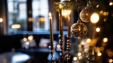 Poster - Elegant holiday setting with shimmering Christmas ornaments and candlelight ambiance : Generative AI