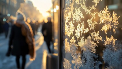 Wall Mural - frost patterns on window with blurred city street and pedestrians in background during sunrise.