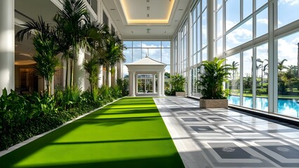 Sticker - A spacious, modern indoor area with large windows, greenery, a white gazebo, and a pool in the background. Concept Indoor Event Space, Natural Light, Greenery Decor, White Gazebo, Poolside Ambiance