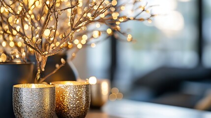 Aufkleber - Beautifully Arranged Modern Decor with Strings of Lights and Elegant Candle Holders for Cozy Ambiance : Generative AI