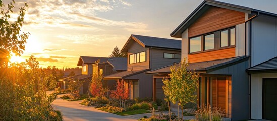 Wall Mural - Sunlit row of modern houses at sunset, residential neighborhood street.