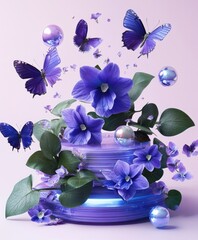 Wall Mural - vibrant purple flowers and butterflies float on a iridescent platform against a pale pink background