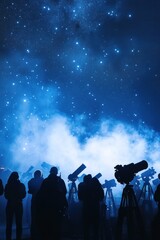 Wall Mural - silhouetted stargazers using telescopes under a vibrant night sky filled with stars.