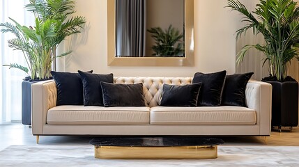 Poster - Stylishly designed modern living room with plush couch and decorative plants : Generative AI