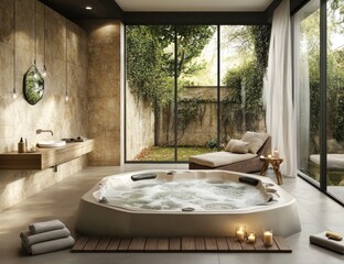 Wall Mural - Modern bathroom with a large jacuzzi tub, wooden accents, and large windows overlooking a garden.