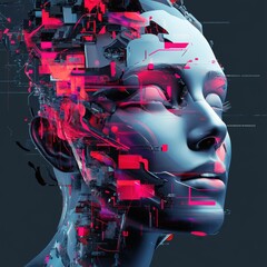 Poster - Artificial Intelligence: A Digital Portrait of a Woman with Fragmented Data Stream Visualization 