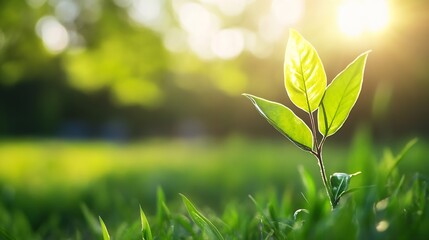 Aufkleber - Beautiful sprouting plant reaching for sunlight in a serene natural setting during golden hour : Generative AI
