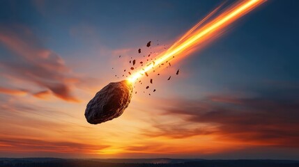 Poster - Asteroid impact concept. A stunning meteor streaks across the twilight sky, illuminating the horizon with fire.
