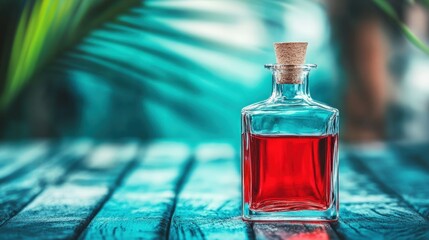 Aufkleber - Glowing Red Liquid in Elegant Glass Bottle on Wooden Surface