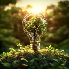 Poster - Eco-Friendly Future: A Light Bulb Encapsulating a Thriving Tree, Symbolizing Sustainable Energy and Environmental Consciousness