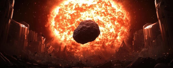 Poster - Asteroid impact idea. Cosmic collision depicts a dramatic scene of a meteor striking the sun's fiery surface.