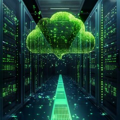 Leinwandbilder - Green Cloud Data in Server Room: Digital Information Storage and Processing