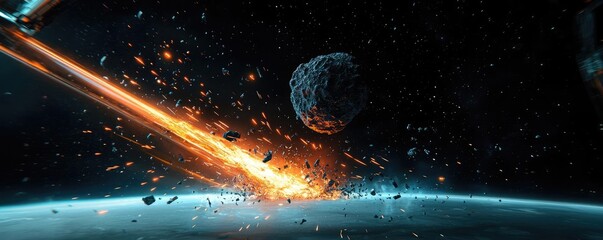 Poster - Asteroid impact concept. A spectacular view of a meteor striking a planet with fiery trails in space.