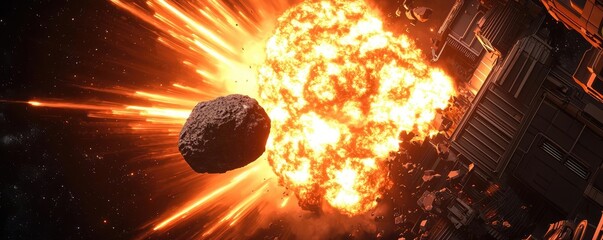 Poster - Asteroid impact idea. A dramatic depiction of a celestial explosion in outer space with fiery debris.