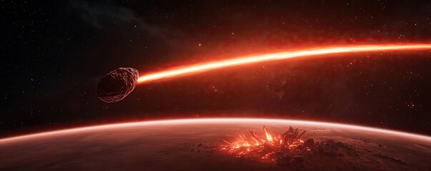 Leinwandbilder - Asteroid impact concept. A comet streaks through space, illuminating a distant planet with a fiery glow.
